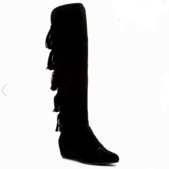Isola Tavora Fringe Women’s Knee-high Wedge Boot Black Suede size 7.5 M - Picture 2 of 8